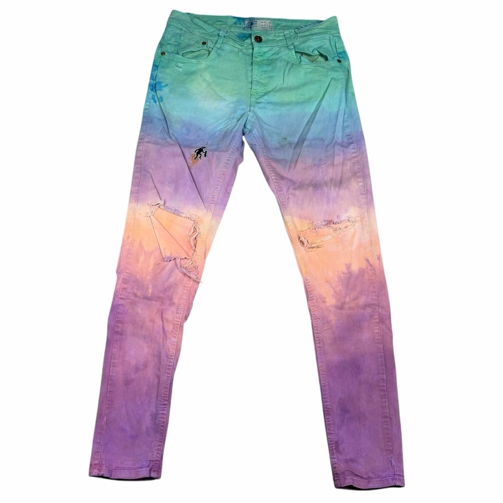Zara Man Handcrafted Upcycled Rainbow Gradient Distressed Skinny Jeans - Size 31